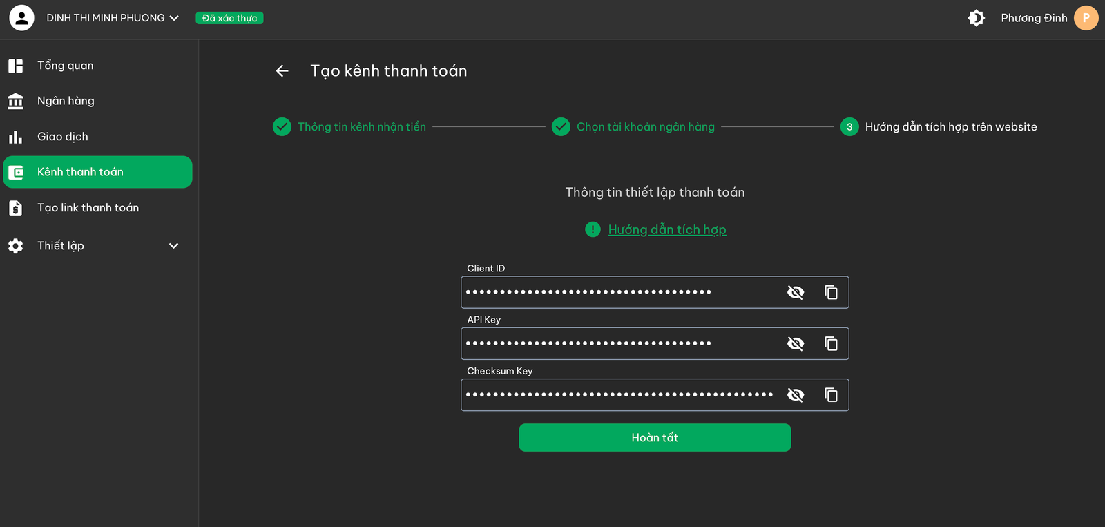 Copy 3 API keys từ PayOS