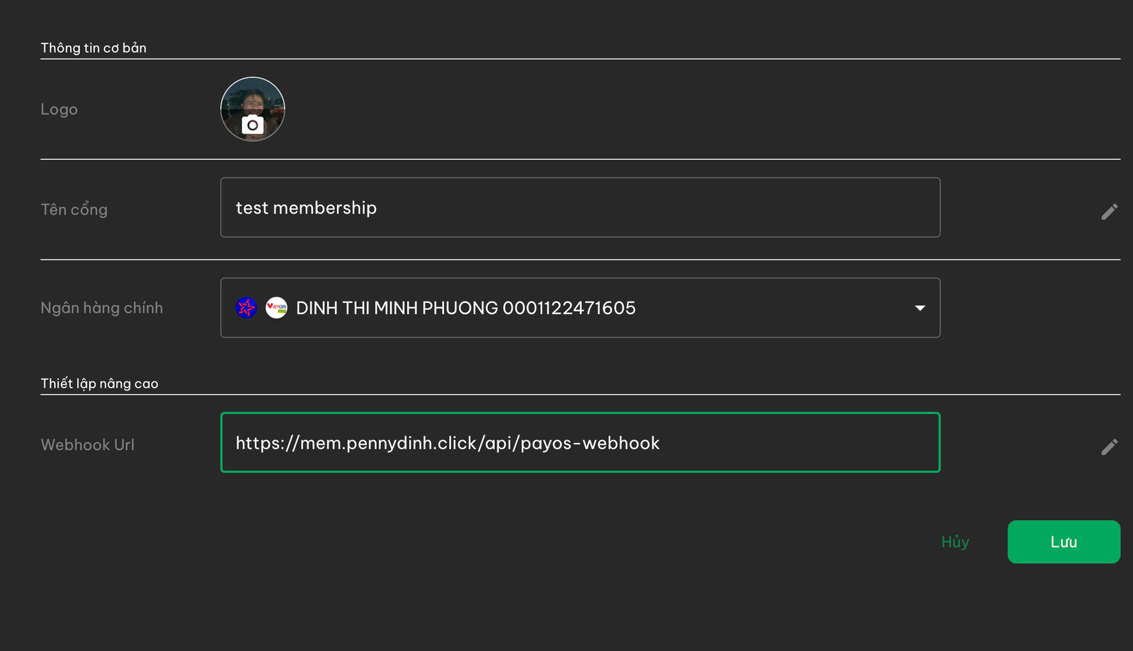 Điền thông tin webhook