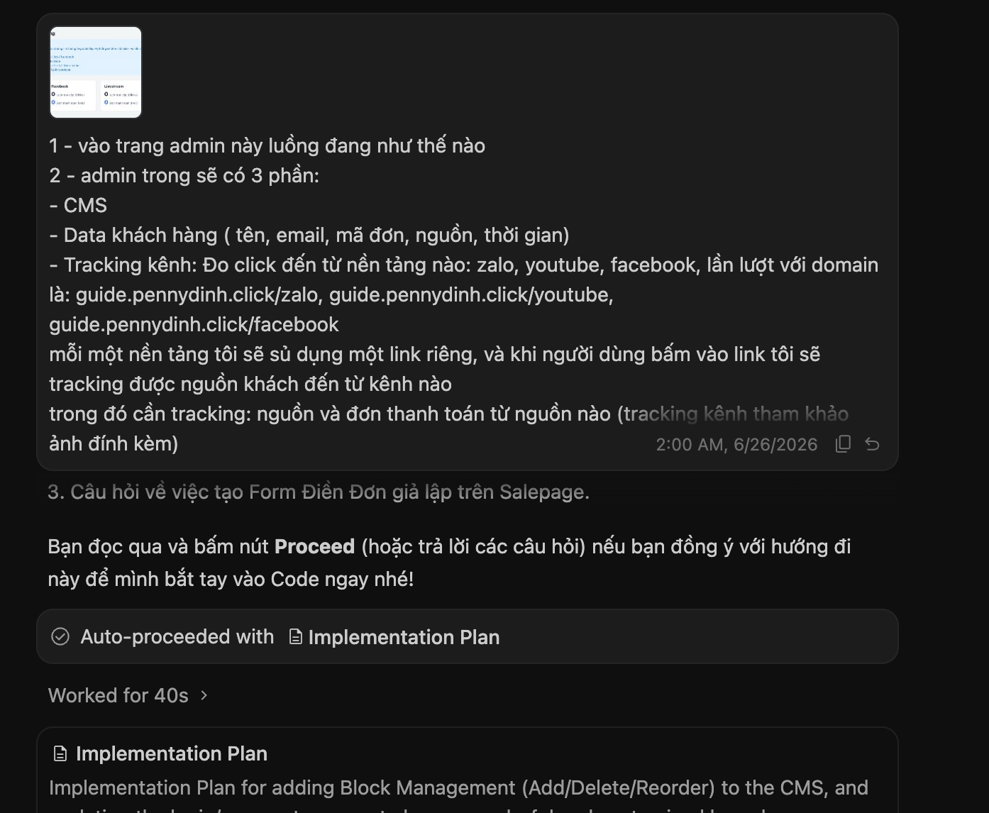 Trong phần này mình cũng đưa cho AI câu lệnh: bao gồm cả Data và tracking (phần doanh thu bị thiếu, gần cuối video mình có bổ sung, cách làm tương tự)
